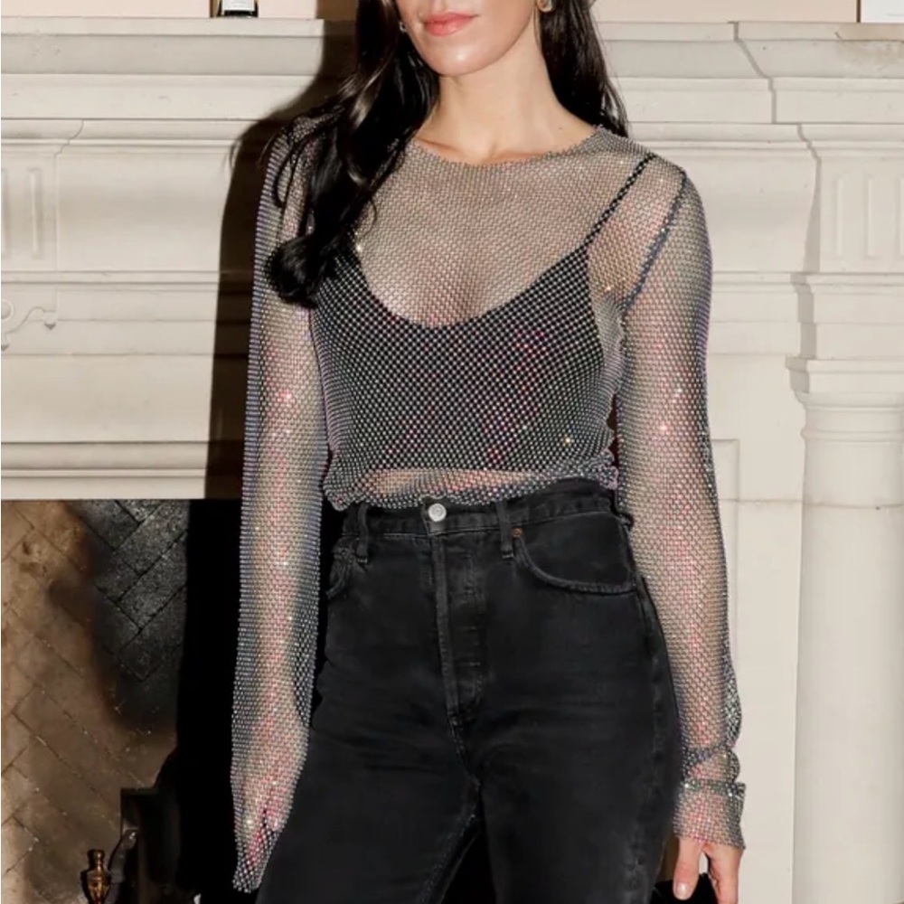 Shinny Free People Crystal Mesh Long Sleeve Black Top